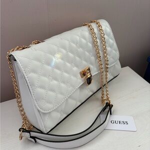 GUESS White Quilted Chain-Handle Shoulder Bag with Gold Hardware
